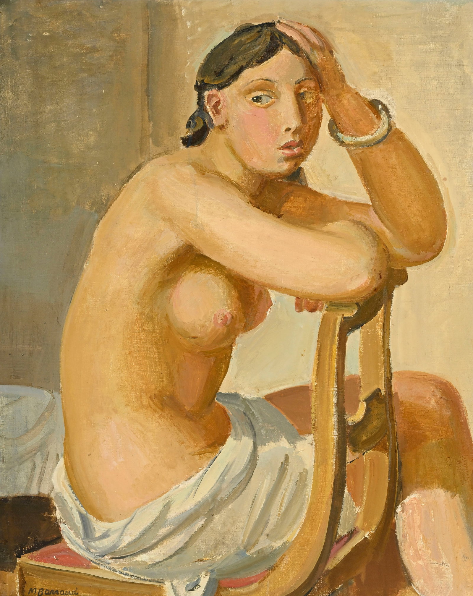 Maurice Barraud (1889-1954), "Le modèle nu III", huile sur toile, signée, contresigné: Maurice Barraud (1889-1954), "Le modèle nu III", huile sur toile, signée, contresignée au verso, 74x60 cm Au verso: Étiquette de l'atelier de l'artiste