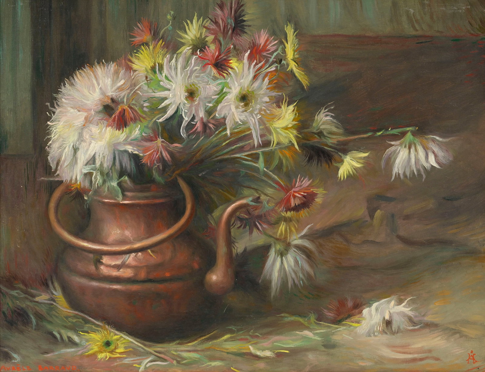 Aurèle René Barraud (1903-1969), Bouquet de chrysanthèmes et théière en cui: Aurèle René Barraud (1903-1969), Bouquet de chrysanthèmes et théière en cuivre, huile sur toile, signée et monogrammée, 54x70,5 cm
