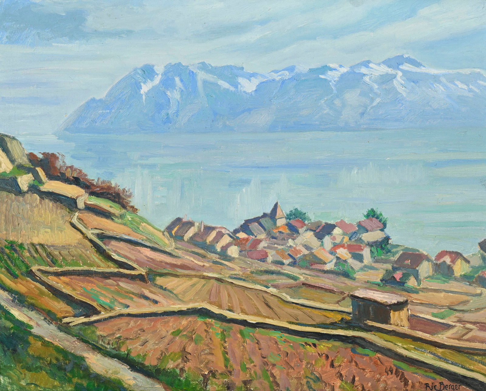 Ric Berger (1894-1994), Vue lacustre depuis Grandvaux, 1953, huile sur toile marouflée sur cart (1 of 5)