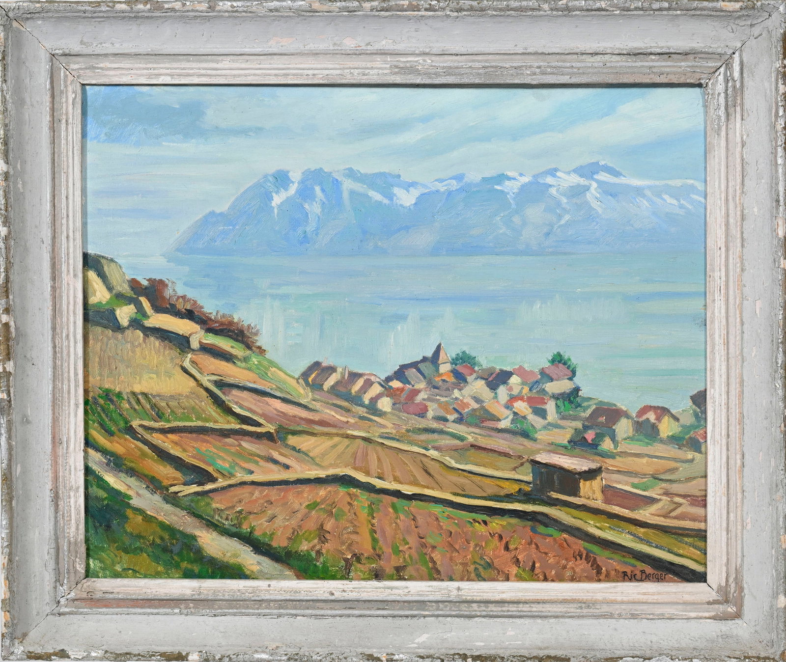 Ric Berger (1894-1994), Vue lacustre depuis Grandvaux, 1953, huile sur toile marouflée sur cart - 2
