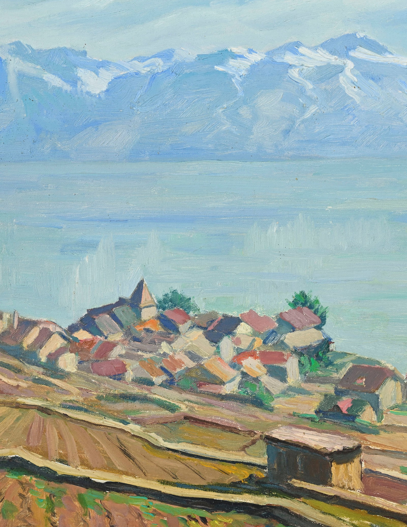 Ric Berger (1894-1994), Vue lacustre depuis Grandvaux, 1953, huile sur toile marouflée sur cart - 3
