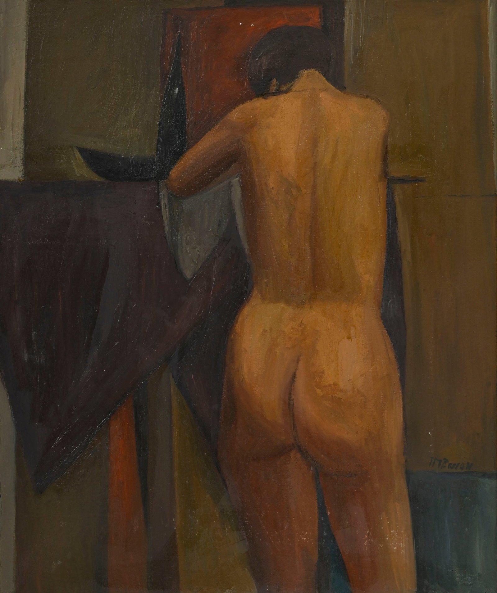 Jean-Marc Besson (1939), Nu de dos, huile sur toile, signée, contresignée et située ": Jean-Marc Besson (1939), Nu de dos, huile sur toile, signée, contresignée et située "Moudon" au verso, 55x46 cm Provenance: Collection Léon Mabillard, Leytron; Galerie du