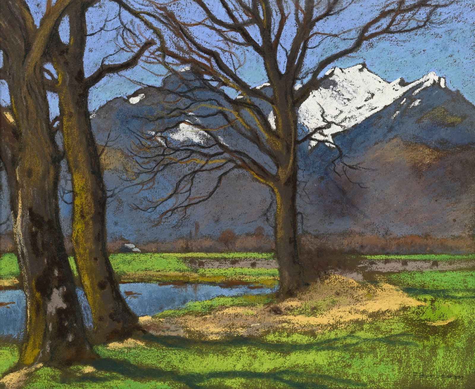François Birbaum (1872-1947), Le Grammont depuis Yvorne, pastel sur papier, signé, 35x42,5: François Birbaum (1872-1947), Le Grammont depuis Yvorne, pastel sur papier, signé, 35x42,5 cm Peintre, dessinateur et orfèvre suisse, François Birbaum connaît un destin