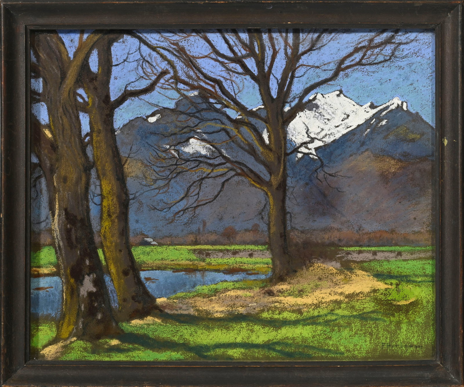 François Birbaum (1872-1947), Le Grammont depuis Yvorne, pastel sur papier, signé, 35x42,5 - 2