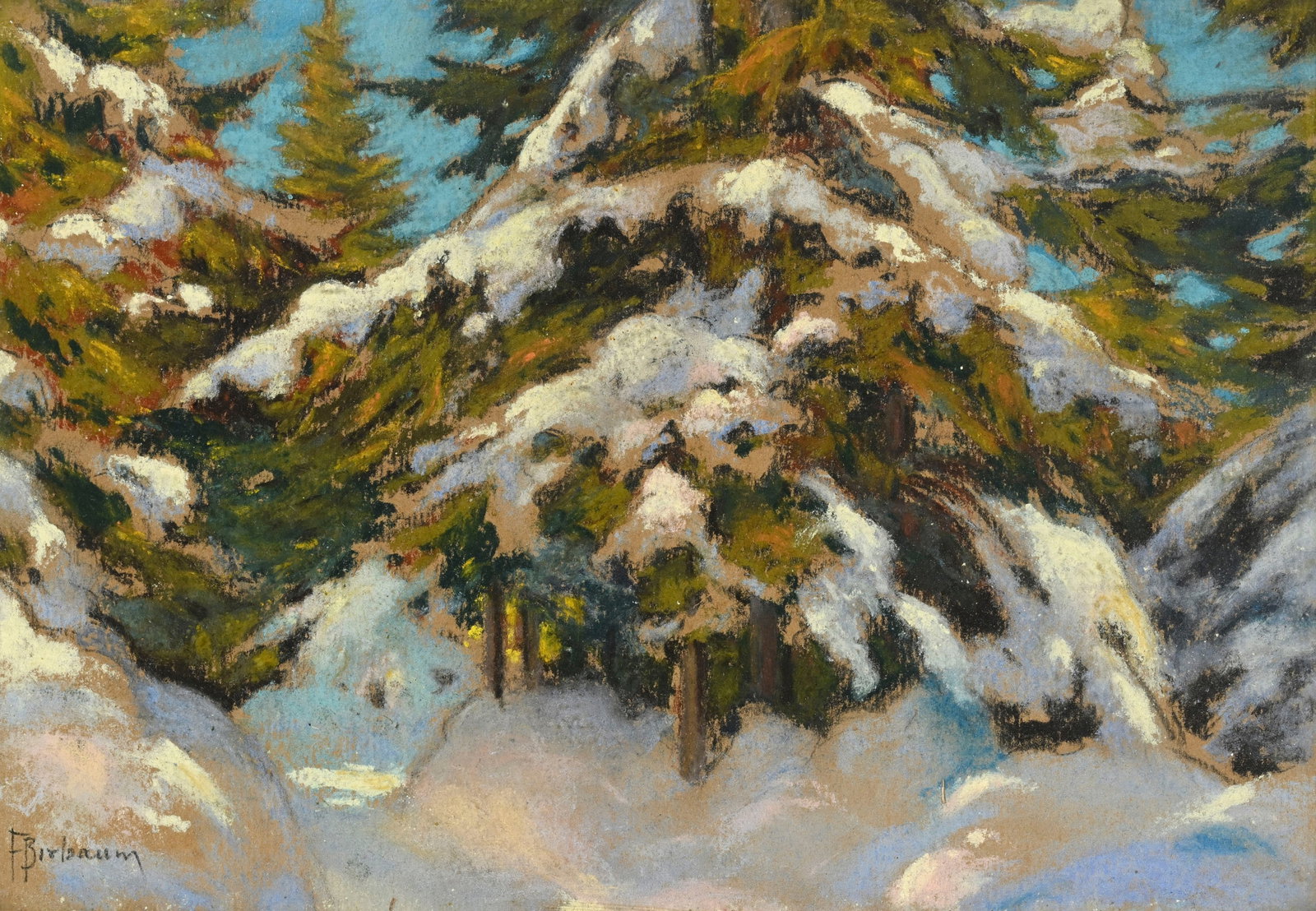 François Birbaum (1872-1947), Sapins enneigés, pastel sur papier, signé, 19x27 cm (&#: François Birbaum (1872-1947), Sapins enneigés, pastel sur papier, signé, 19x27 cm (à vue) Peintre, dessinateur et orfèvre suisse, François Birbaum connaît un destin