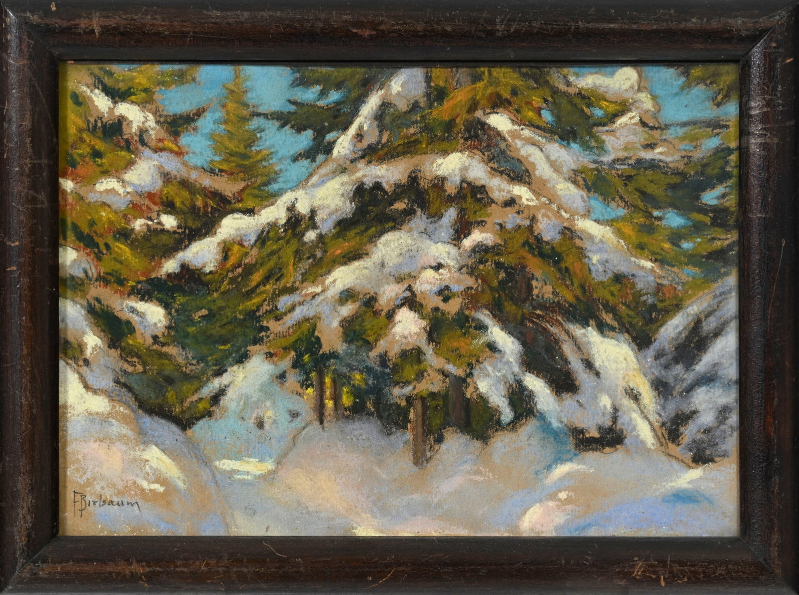 François Birbaum (1872-1947), Sapins enneigés, pastel sur papier, signé, 19x27 cm (&# - 2
