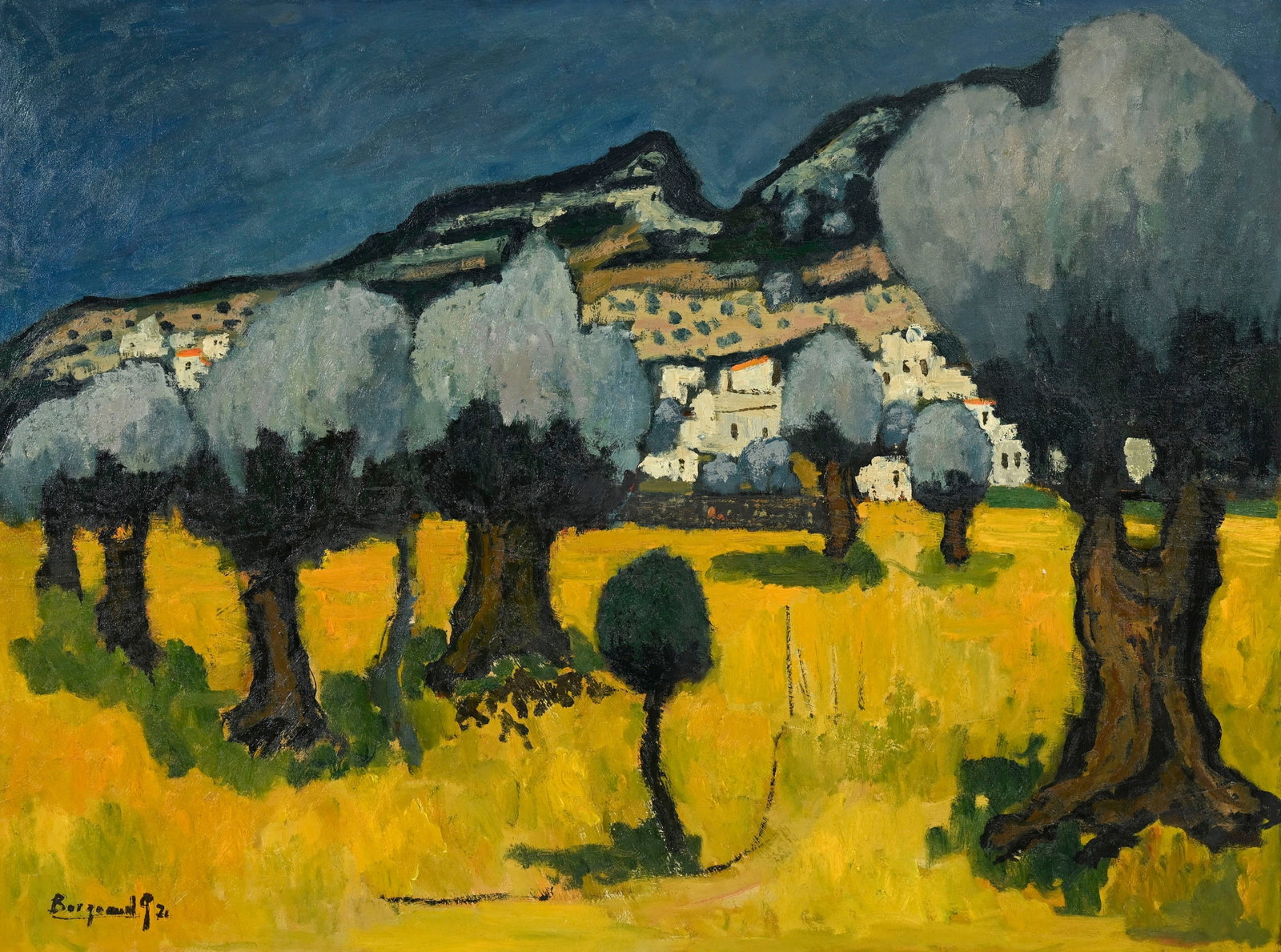 Georges Borgeaud (1914-1998), "Les oliviers de l'Elounda, Crête", 1970-71, huile sur toile, sig: Georges Borgeaud (1914-1998), "Les oliviers de l'Elounda, Crête", 1970-71, huile sur toile, signée et datée, contresignée, contredatée et titrée au verso, 97x130 cm