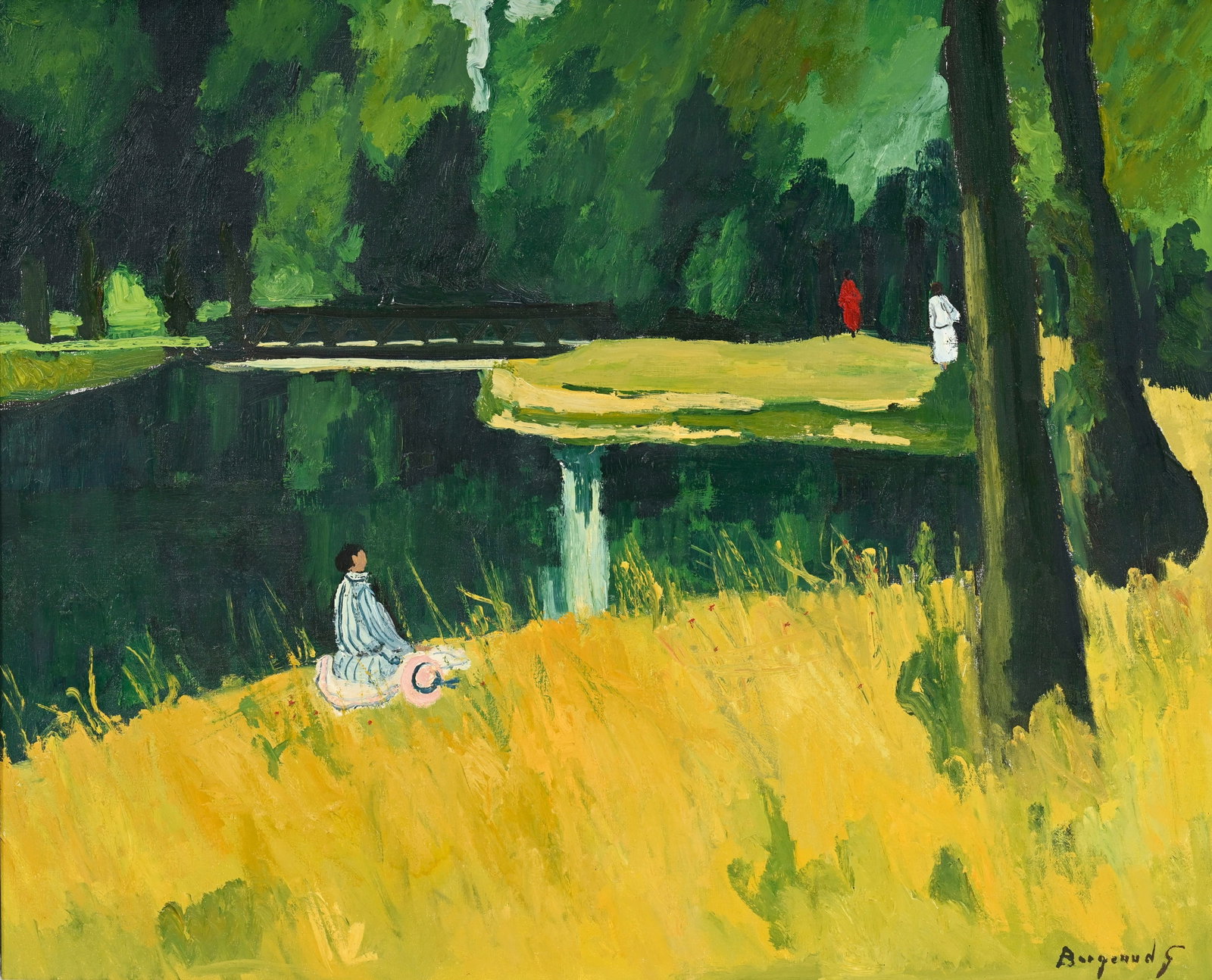 Georges Borgeaud (1914-1998), "La femme au chapeau rose, le bord de l'aire Genève", 1981, huile: Georges Borgeaud (1914-1998), "La femme au chapeau rose, le bord de l'aire Genève", 1981, huile sur toile, signée, contresignée, datée, titrée et située "Certoux, Gen