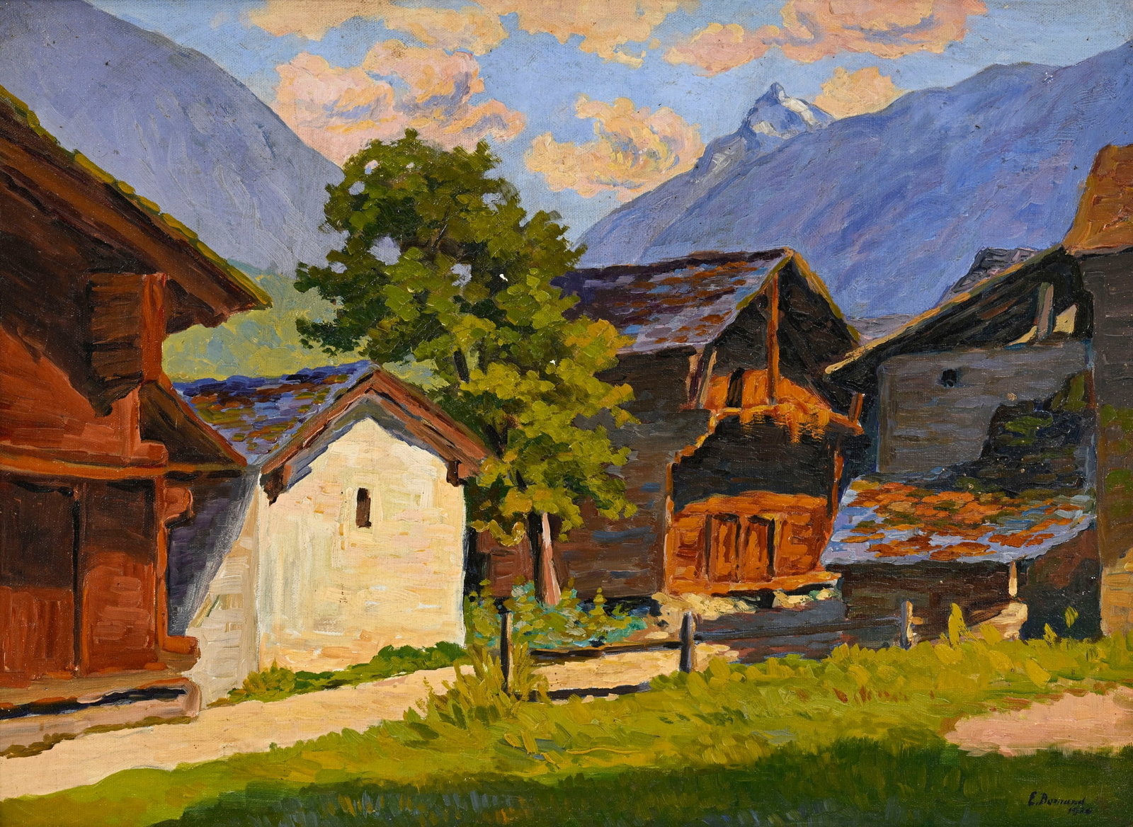 Edmond Bornand (1873-1953), Village de montagne, mayens et mazots, 1926, huile sur toile maroufl: Edmond Bornand (1873-1953), Village de montagne, mayens et mazots, 1926, huile sur toile marouflée sur carton, 29x39,5 cm