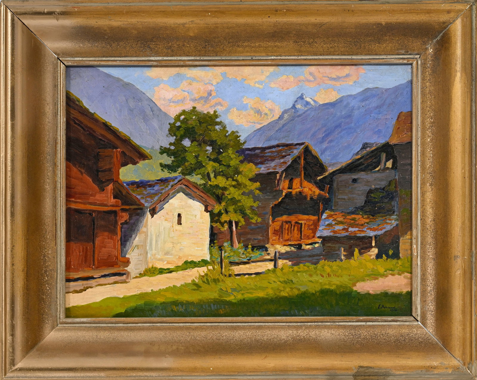 Edmond Bornand (1873-1953), Village de montagne, mayens et mazots, 1926, huile sur toile maroufl - 2