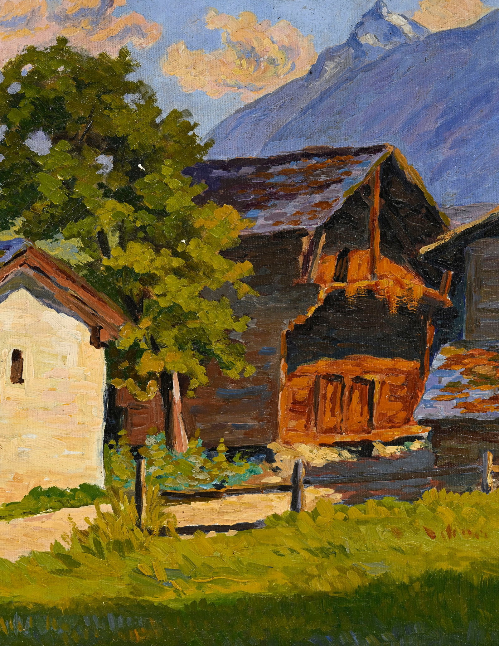 Edmond Bornand (1873-1953), Village de montagne, mayens et mazots, 1926, huile sur toile maroufl - 3