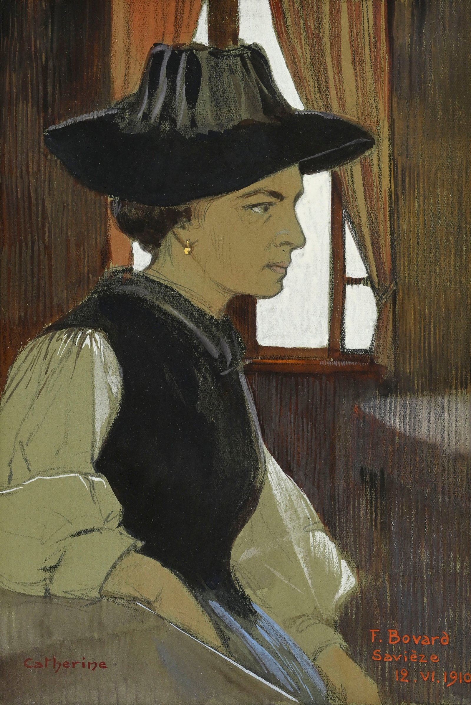 Fortuné Bovard (1875-1947), "Catherine", 12 juin 1910, gouache, fusain et crayon de graphite su: Fortuné Bovard (1875-1947), "Catherine", 12 juin 1910, gouache, fusain et crayon de graphite sur papier, signée, datée, titrée et située "Savièze", 24x16 cm (à vue) 