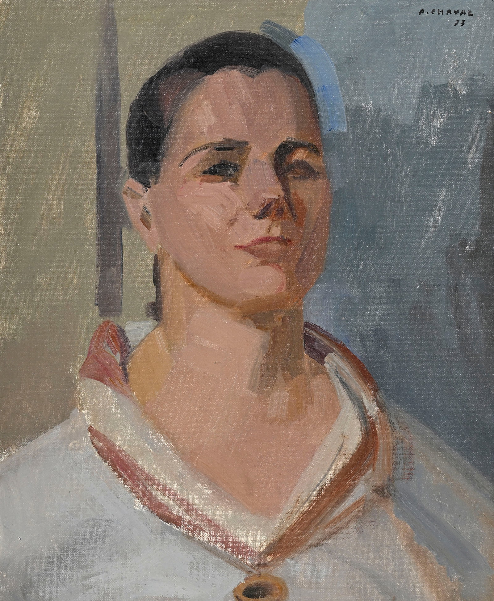 Albert Chavaz (1907-1990), Portrait dune jeune femme, 1977, huile sur carton entoilé, signé: Albert Chavaz (1907-1990), Portrait dune jeune femme, 1977, huile sur carton entoilé, signée et datée, 45x37 cm