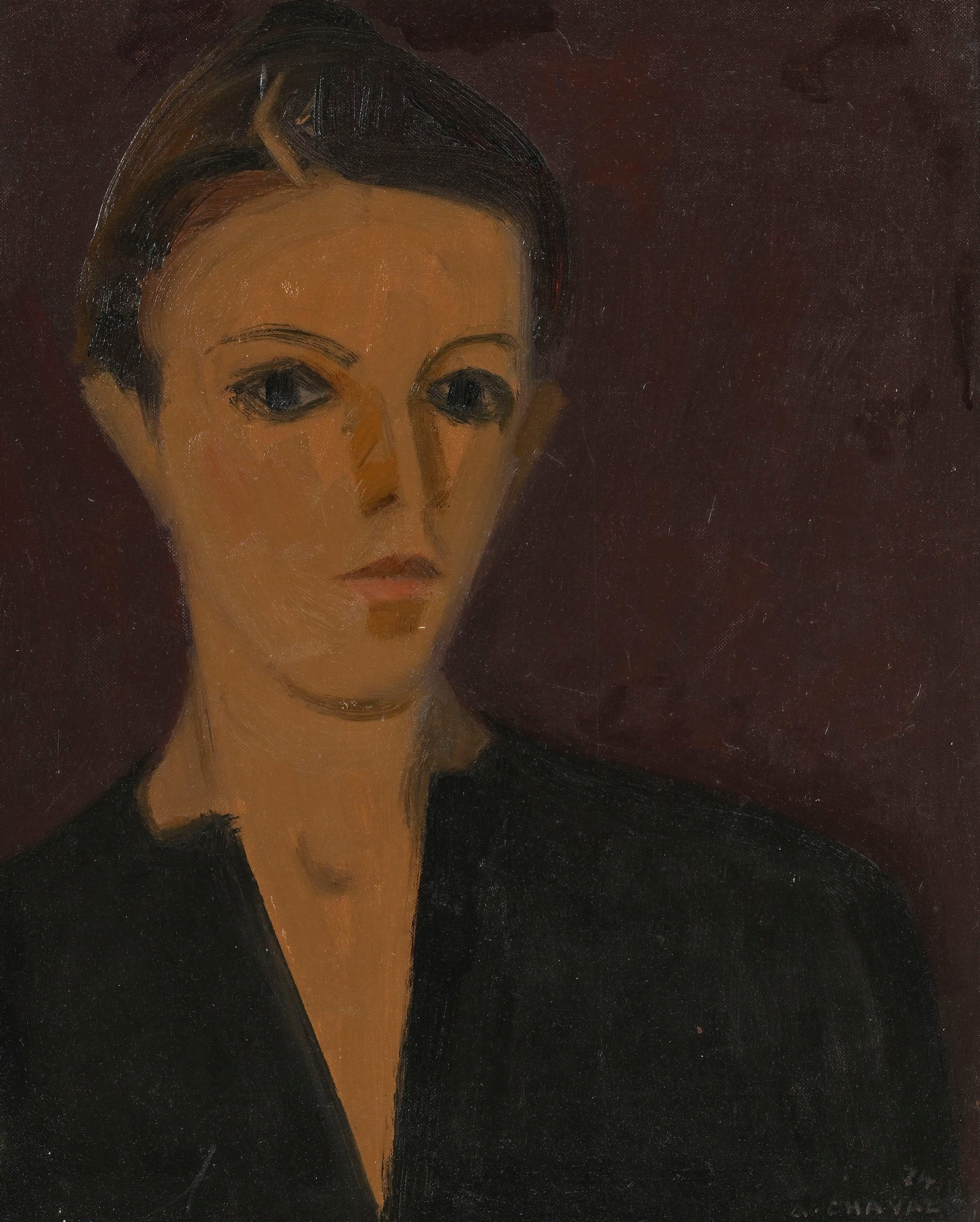 Albert Chavaz (1907-1990), Portrait d'une jeune femme, 1974, huile sur carton entoilé, sign: Albert Chavaz (1907-1990), Portrait d'une jeune femme, 1974, huile sur carton entoilé, signée et datée, 40x32,5 cm (à vue) Condition Dédicace au verso