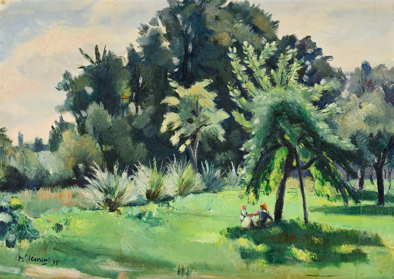Charles Clément (1889-1972), Rencontre sur l'herbe, 1935, huile sur toile marouflée sur is: Charles Clément (1889-1972), Rencontre sur l'herbe, 1935, huile sur toile marouflée sur isorel, signée et datée, 65x91 cm