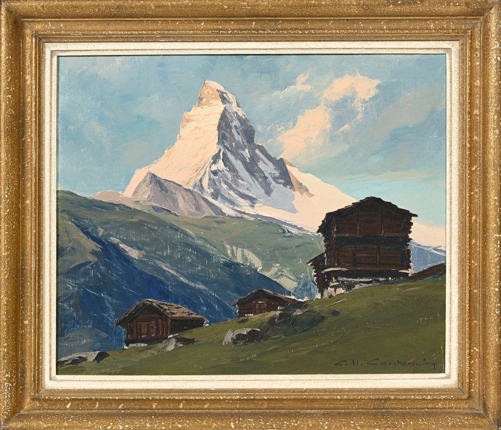 Charles Henry Contencin (1898-1955), Chalets au pied du Cervin, huile sur panneau, signée, 38,5 - 2