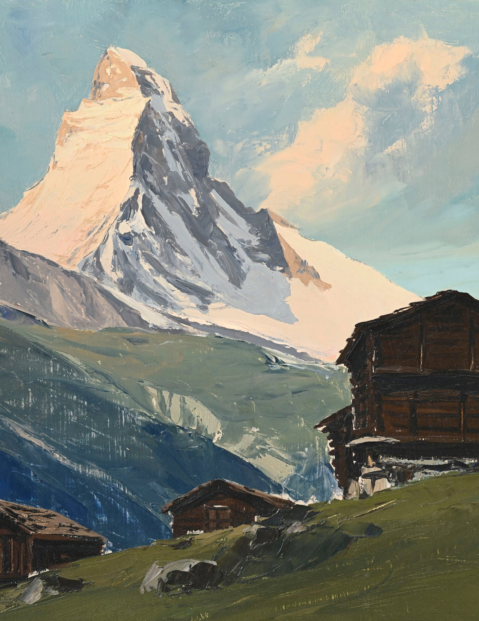 Charles Henry Contencin (1898-1955), Chalets au pied du Cervin, huile sur panneau, signée, 38,5 - 3