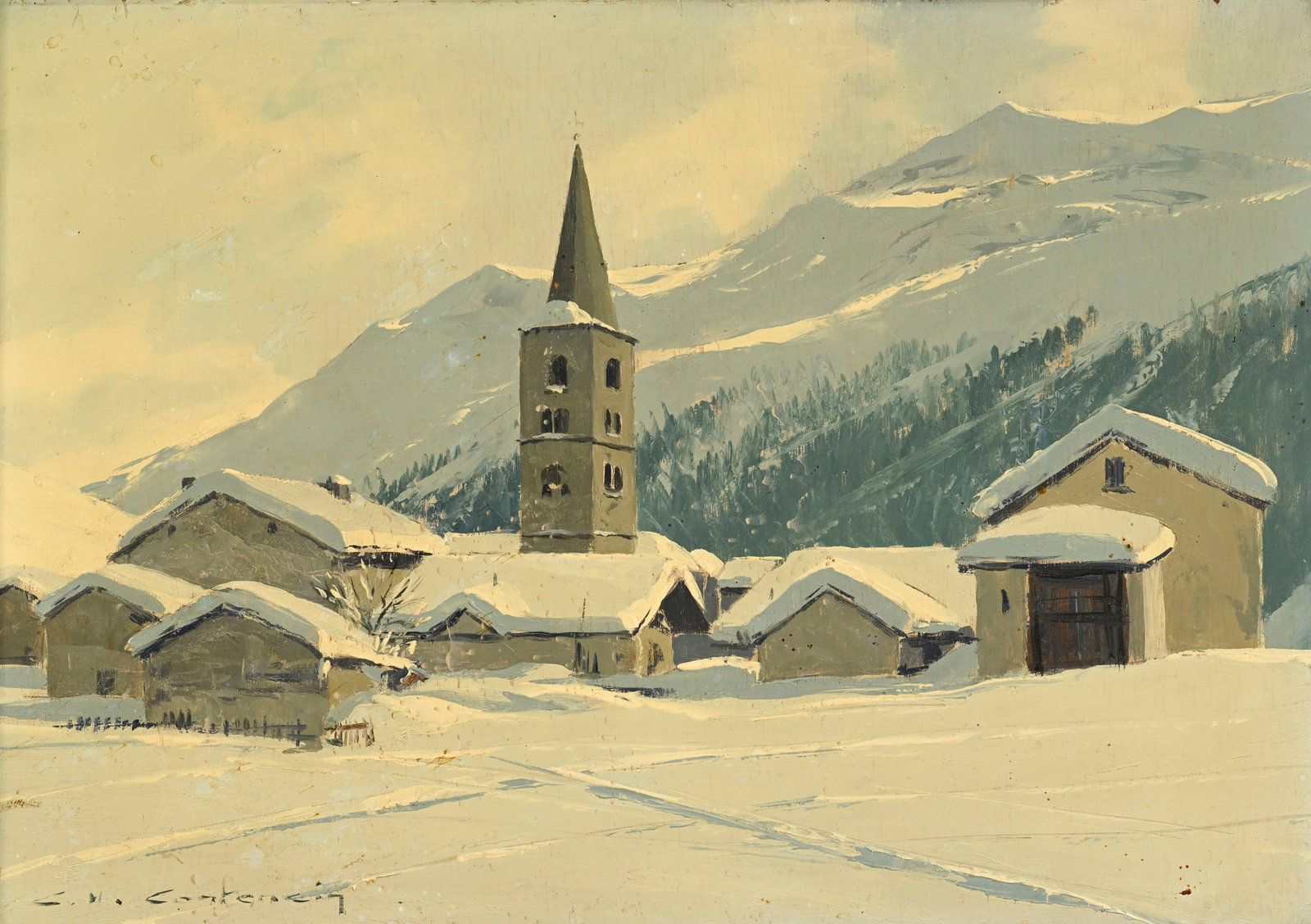 Charles Henry Contencin (1898-1955), "Val d'Isère en hiver", huile sur panneau, signée, 32: Charles Henry Contencin (1898-1955), "Val d'Isère en hiver", huile sur panneau, signée, 32,5x46 cm Condition Oxydation du vernis