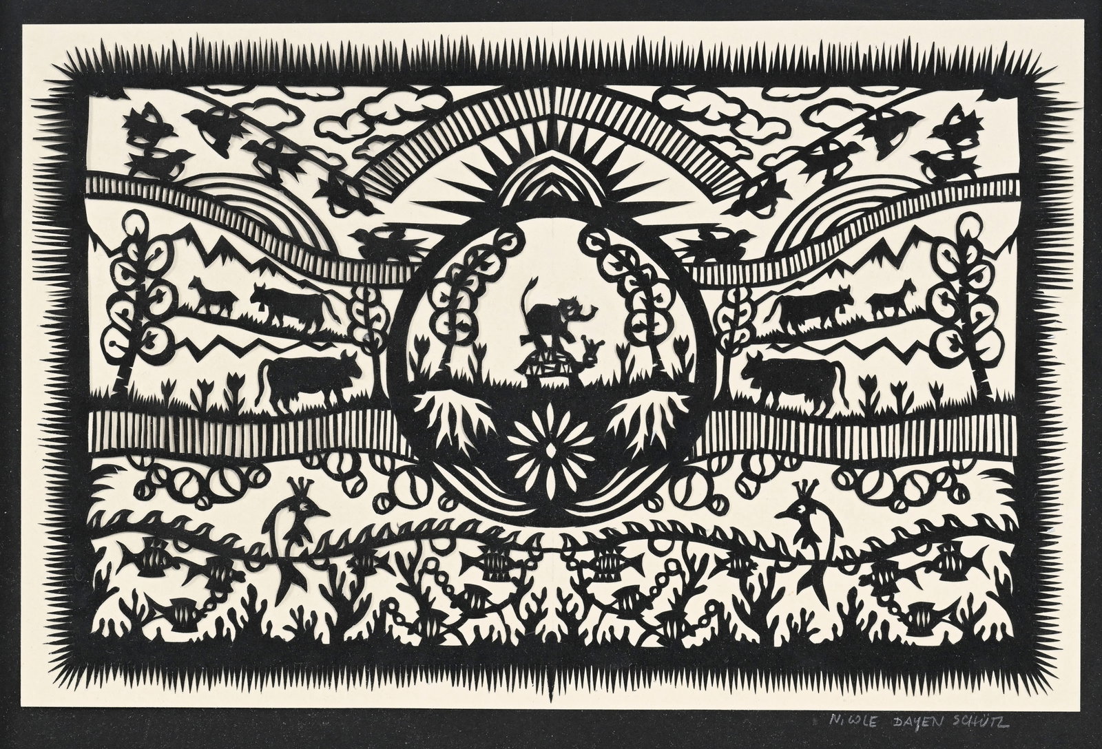 Nicole Dayen Schutz, Animaux dans leur élément, découpage, signé, 14x21,5 cm Au: Nicole Dayen Schutz, Animaux dans leur élément, découpage, signé, 14x21,5 cm Au verso: Étiquette de l'artiste