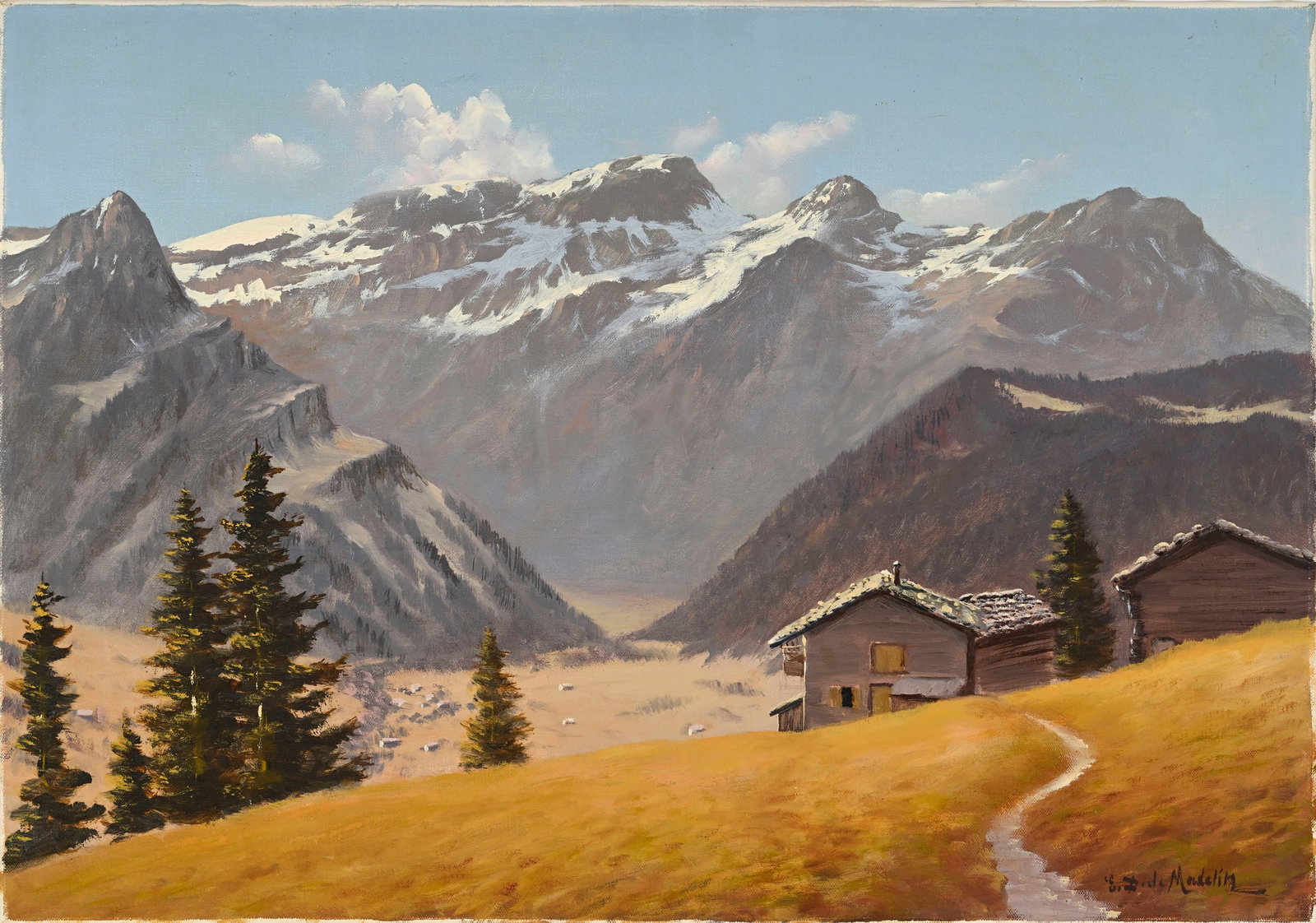 Eugène Devaud de Madelin (1906-1992), "Diablerets pris en montant ver le Col du Pillon", huile : Eugène Devaud de Madelin (1906-1992), "Diablerets pris en montant ver le Col du Pillon", huile sur toile, signée, 47x67 cm Provenance: Dogny, Lausanne, 25.06.2024, lot no. 246 Condition</