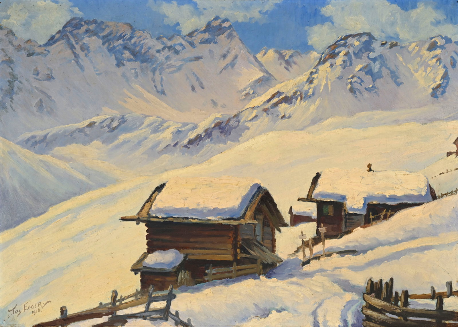 Joseph Egger (1898-1969), Chalets sous la neige, 1928, huile sur toile, signée et datée, 5 (1 of 5)