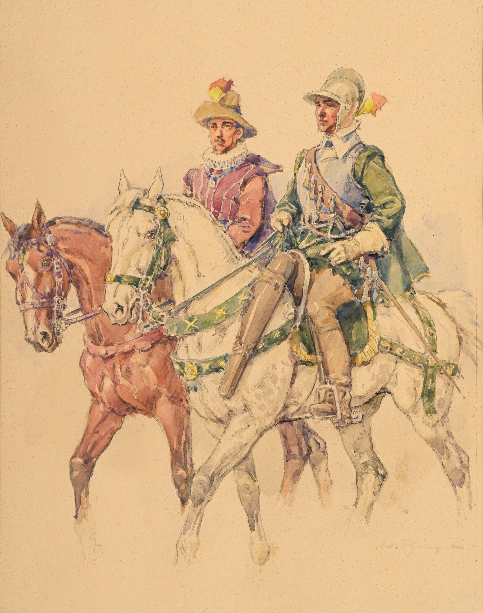 Edouard Elzingre (1880-1966), "Cavaliers compagnie 1602", aquarelle sur papier, signée, 36x28,5: Edouard Elzingre (1880-1966), "Cavaliers compagnie 1602", aquarelle sur papier, signée, 36x28,5 cm (à vue) Au verso: Annotations de l'ancien propriétaire