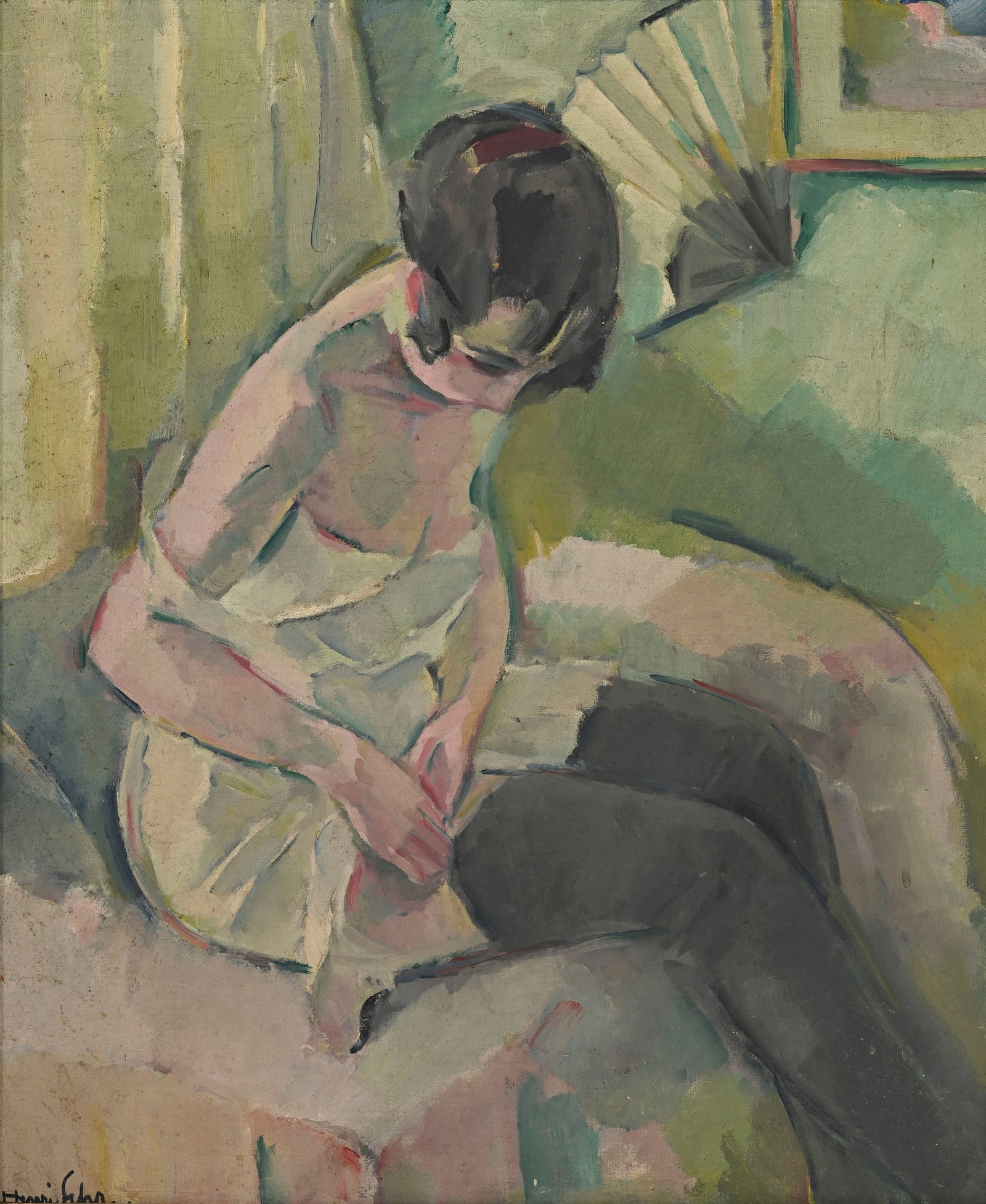 Henri Fehr (1890-1974), Femme mettant ses bas, huile sur toile, signée, 65,5x54 cm: Henri Fehr (1890-1974), Femme mettant ses bas, huile sur toile, signée, 65,5x54 cm Condition Trou d'aiguille en partie supérieure Légère ondulation de la toile