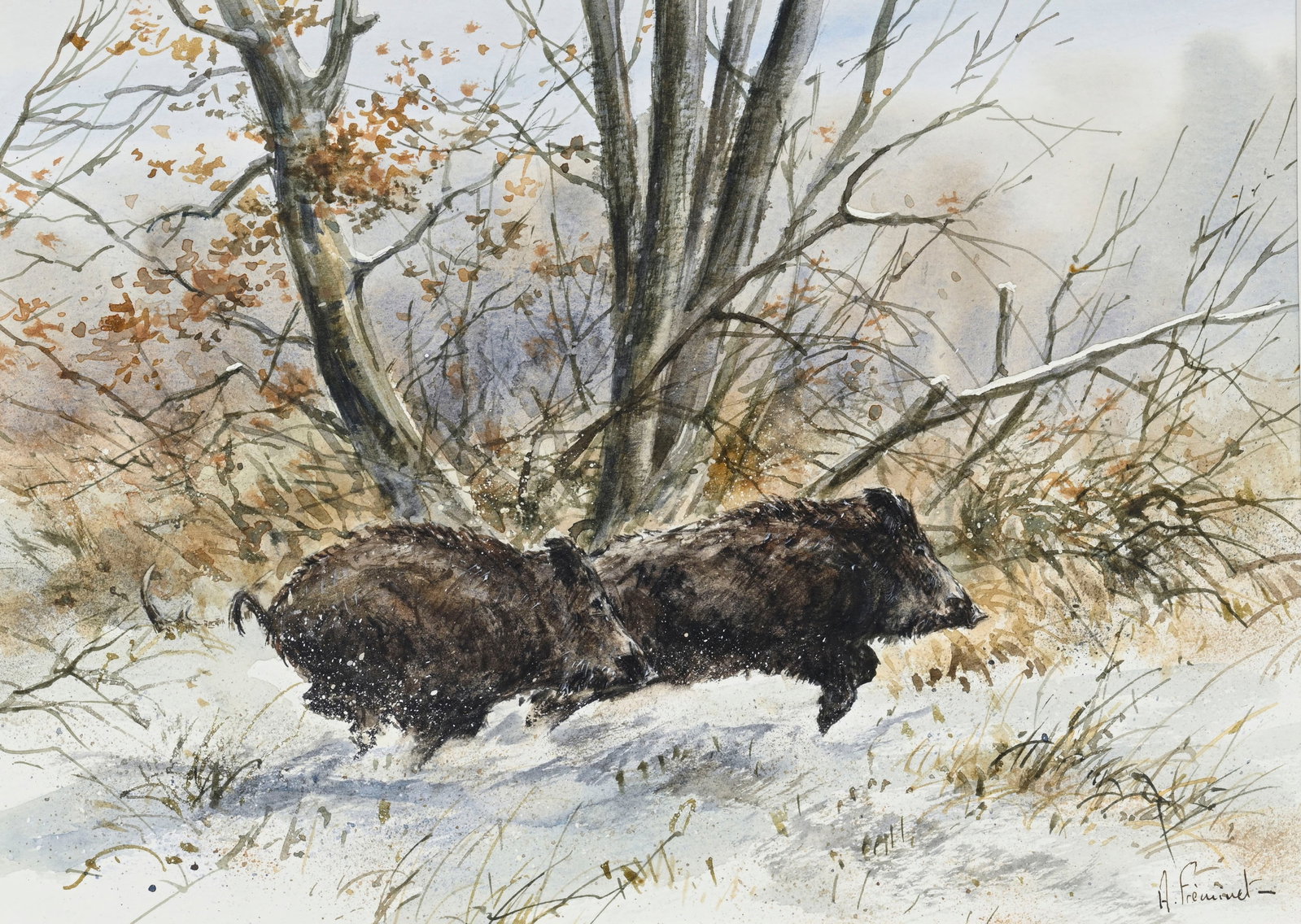 Arnaud Freminet (1961), Deux sangliers courant dans la neige, aquarelle et rehauts de gouache sur pa: Arnaud Freminet (1961), Deux sangliers courant dans la neige, aquarelle et rehauts de gouache sur papier, signée, 19,5x27,5 cm (à vue)