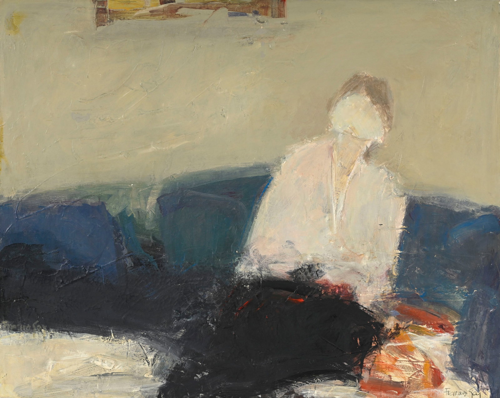 François Gay (1940), "La femme aux coussins bleus", 1970-71, huile sur toile, signée, cont: François Gay (1940), "La femme aux coussins bleus", 1970-71, huile sur toile, signée, contresignée, datée et titrée au verso, 73x92 cm
