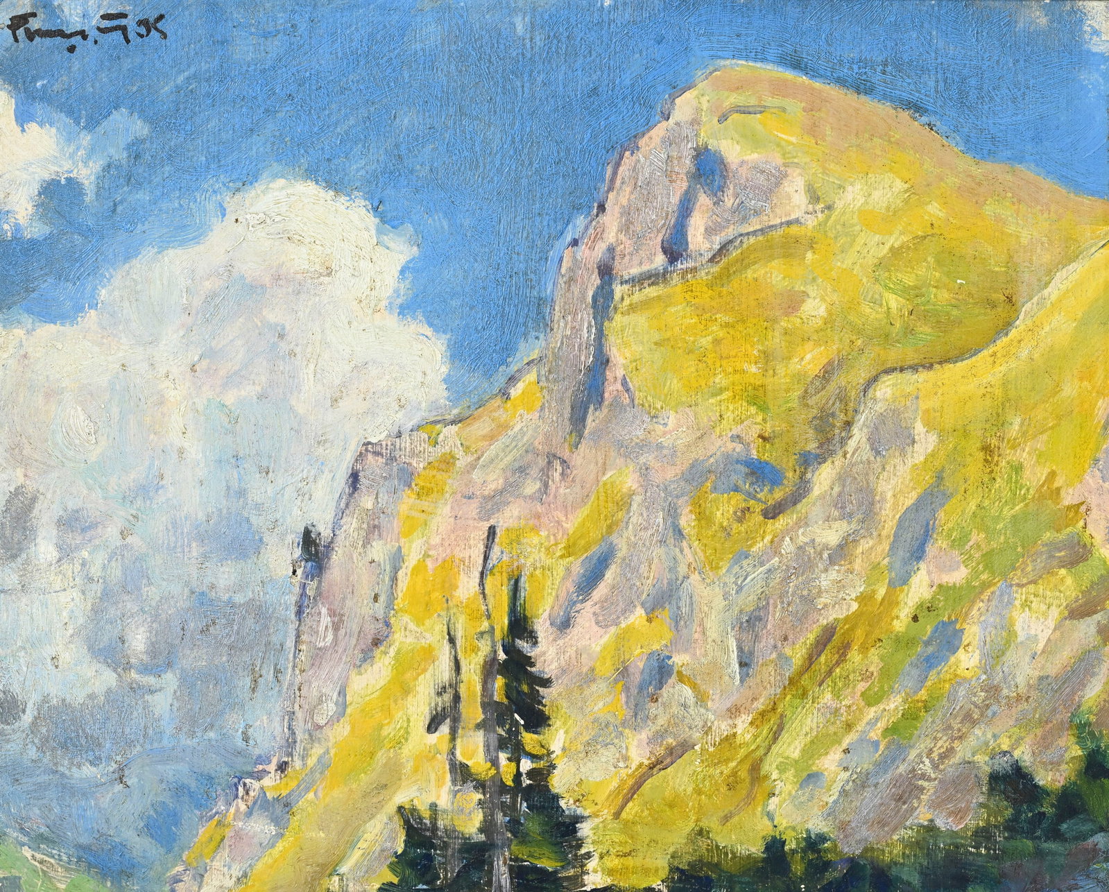 François Gos (1880-1975), "Le Chamossaire", huile sur panneau, signée, 21x26 cm (à vu: François Gos (1880-1975), "Le Chamossaire", huile sur panneau, signée, 21x26 cm (à vue) Au verso: Étiquette de l'atelier de l'artiste