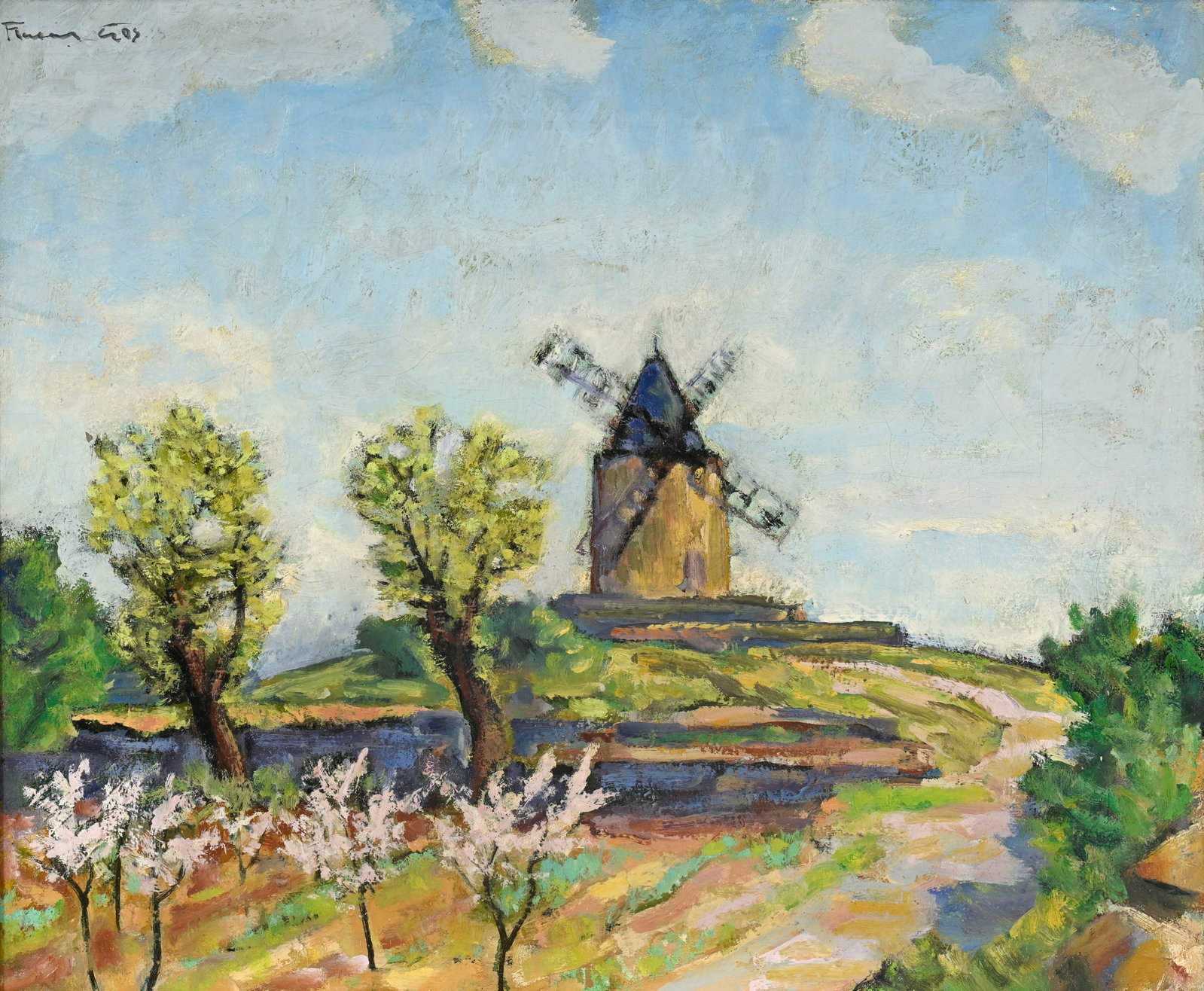 François Gos (1880-1975), Moulin en Provence, huile sur toile, signée, 54,5x65,5 cm Au : François Gos (1880-1975), Moulin en Provence, huile sur toile, signée, 54,5x65,5 cm Au verso: Trace de l'étiquette de l'atelier de l'artiste et traces d'annotations