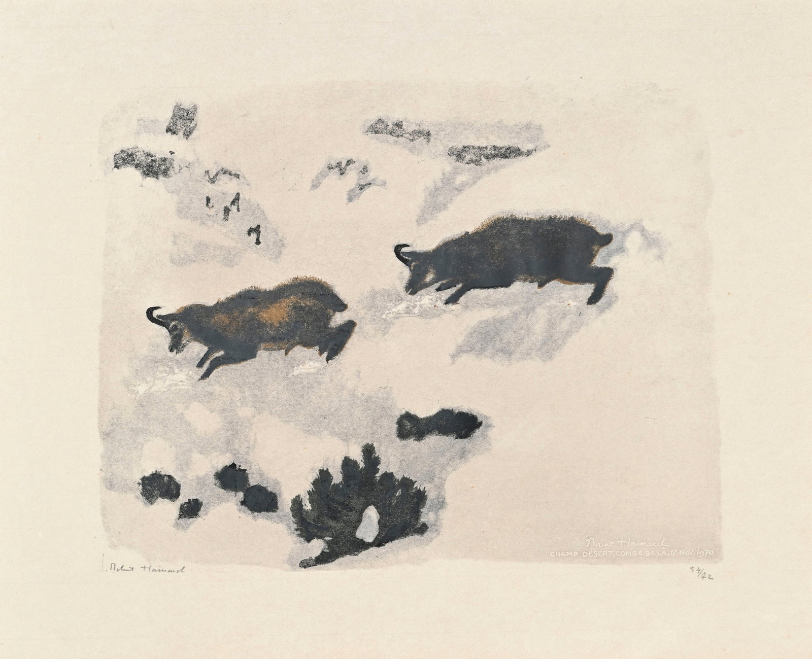 Robert Hainard (1906-1999), "Poursuite de chamois", 17 novembre 1970, bois gravé, signé, d: Robert Hainard (1906-1999), "Poursuite de chamois", 17 novembre 1970, bois gravé, signé, daté et situé "Champ désert, Combe de Lâ" dans la plaque, contresigné et