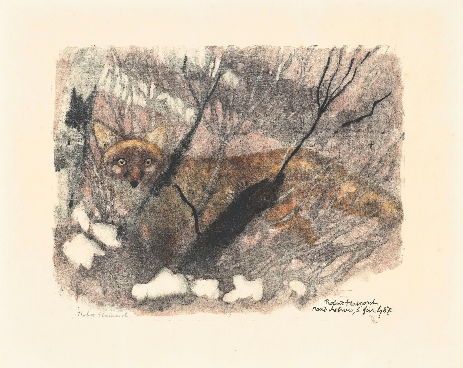 Robert Hainard (1906-1999), "Apparition de renard", 6 février 1987, bois gravé, signé: Robert Hainard (1906-1999), "Apparition de renard", 6 février 1987, bois gravé, signé, daté et situé "Nant des Crues" dans la plaque, contresigné et numéroté