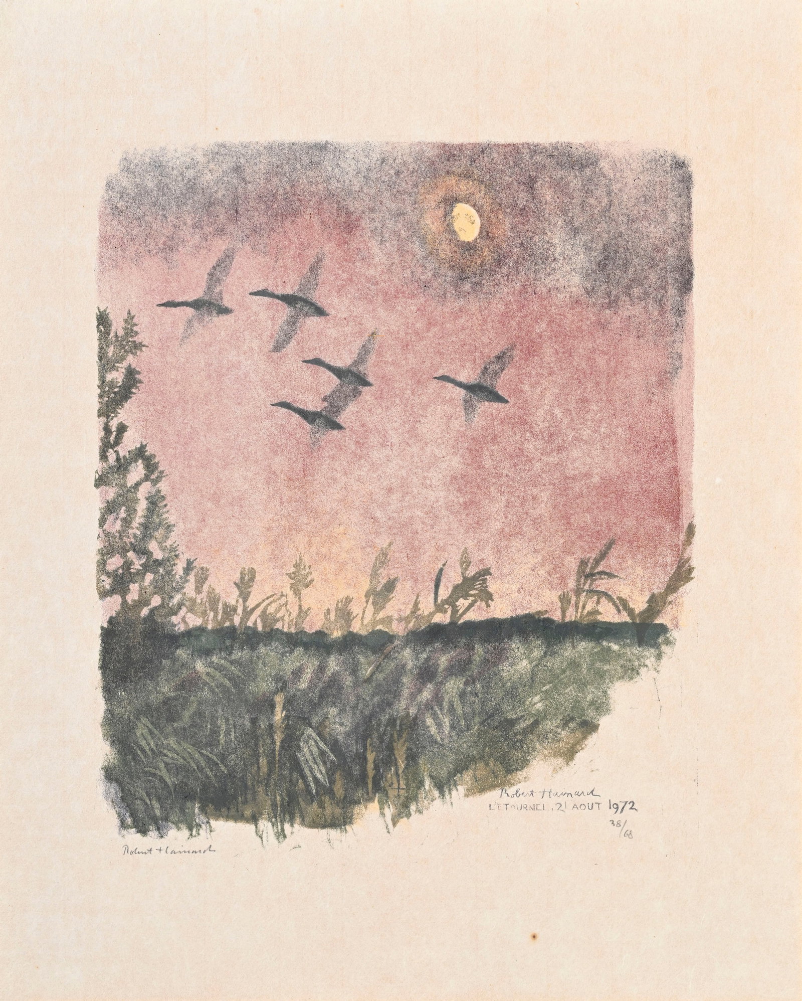 Robert Hainard (1906-1999), "Cinq canards et la lune", 21 août 1972, bois gravé, signé: Robert Hainard (1906-1999), "Cinq canards et la lune", 21 août 1972, bois gravé, signé, daté et situé "L'Etournel" dans la plaque, contresigné et numéroté