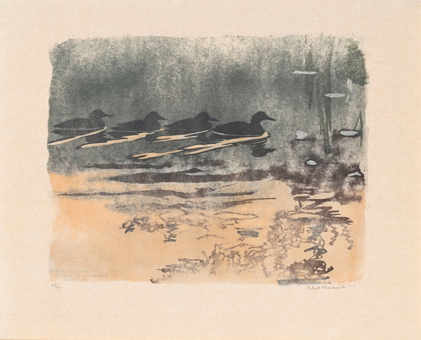Robert Hainard (1906-1999), "Jeunes sarcelles d'été à l'aurore", 13 juillet 1966, boi: Robert Hainard (1906-1999), "Jeunes sarcelles d'été à l'aurore", 13 juillet 1966, bois gravé, signé, daté et situé "La Versoix, Marais de Grilly" dans la plaque,