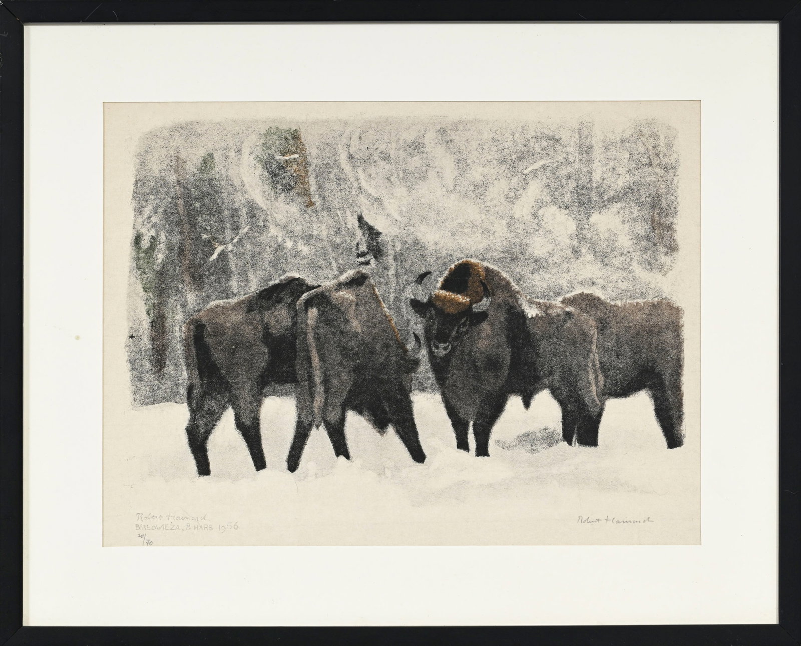 Robert Hainard (1906-1999), "Bisons dans la tourmente de neige", 8 mars 1956, bois gravé, sign& - 2