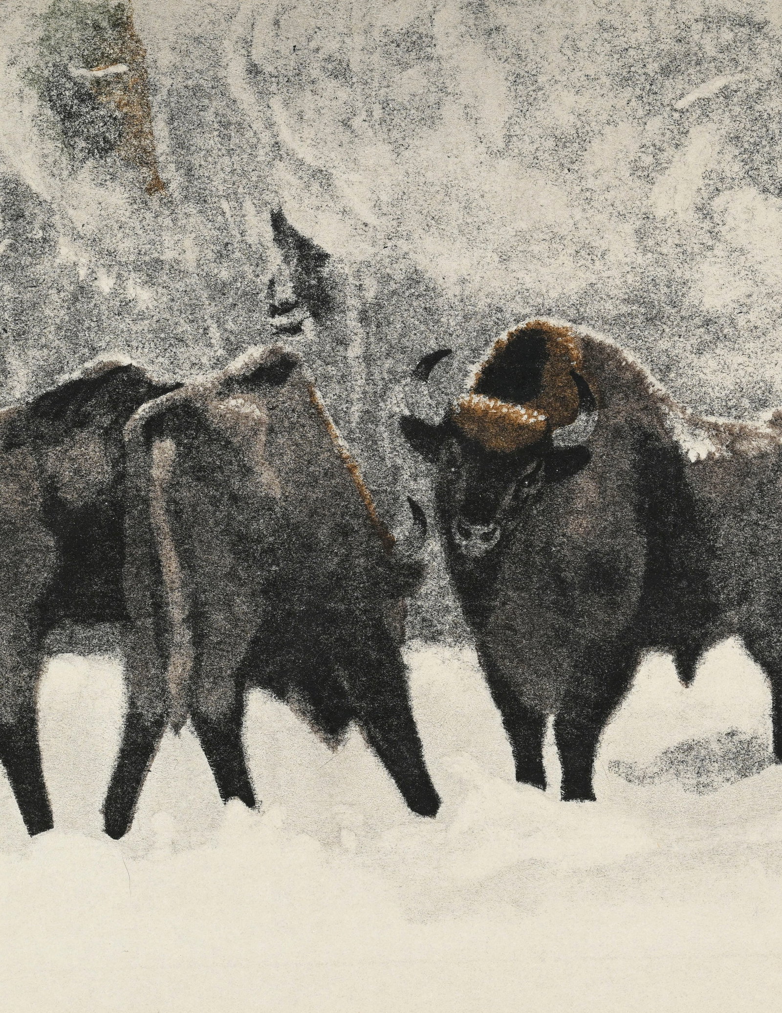 Robert Hainard (1906-1999), "Bisons dans la tourmente de neige", 8 mars 1956, bois gravé, sign& - 3