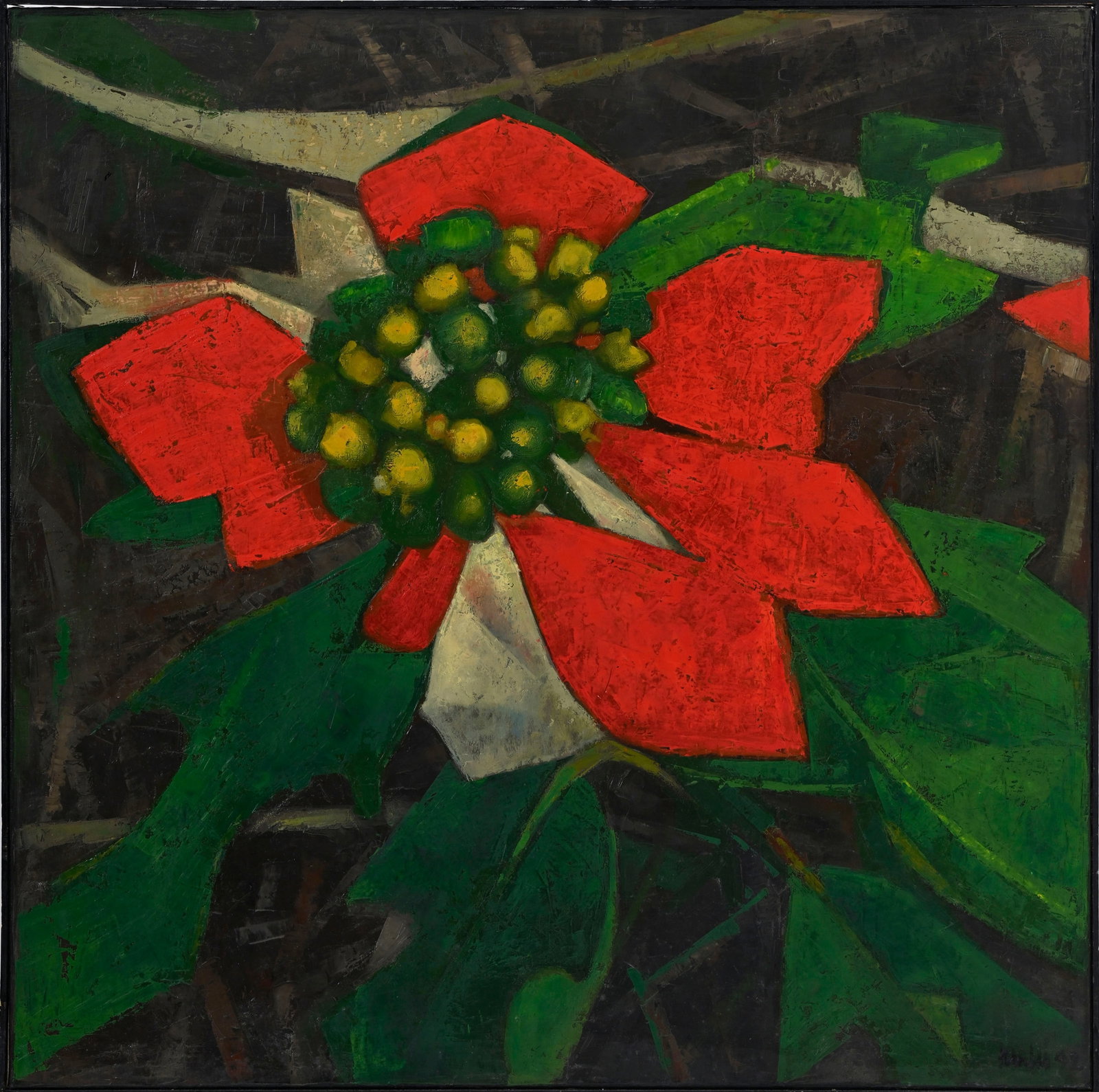 Walter Mafli (1915-2017), Poinsettia, 1992, huile sur toile, signée et datée, 110,5x110,5  - 2