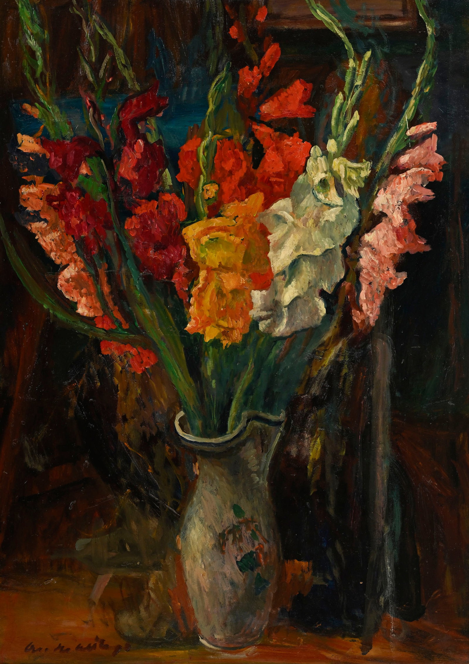Octave Matthey (1888-1969), Bouquet de glaïeuls, huile sur panneau, signée, 102x74 cm: Octave Matthey (1888-1969), Bouquet de glaïeuls, huile sur panneau, signée, 102x74 cm