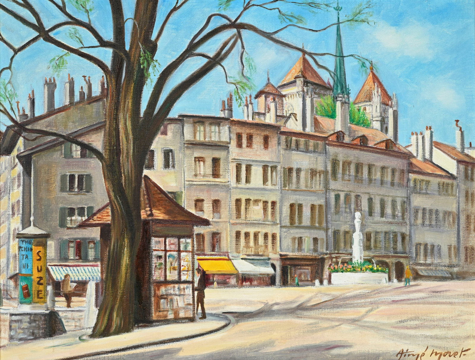 Aimé Moret (1900-1977), "Place du Bourg et la Cathédrale St-Pierre", huile sur toile, sign: Aimé Moret (1900-1977), "Place du Bourg et la Cathédrale St-Pierre", huile sur toile, signée, contresignée, titrée et située au verso, 50x65 cm