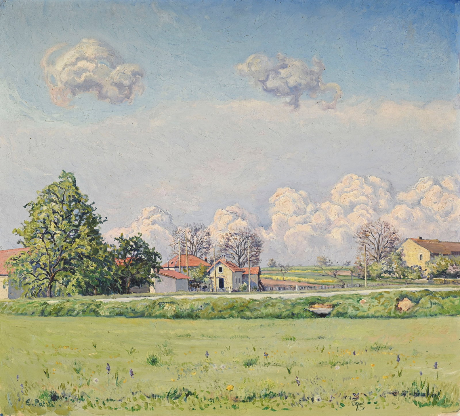 Émile Patru (1877-1940), "Saint Didier", huile sur toile, signée, 54,5x60 cm Au verso: &#: Émile Patru (1877-1940), "Saint Didier", huile sur toile, signée, 54,5x60 cm Au verso: Étiquette de la Galerie Moos, Genève, no. 873
