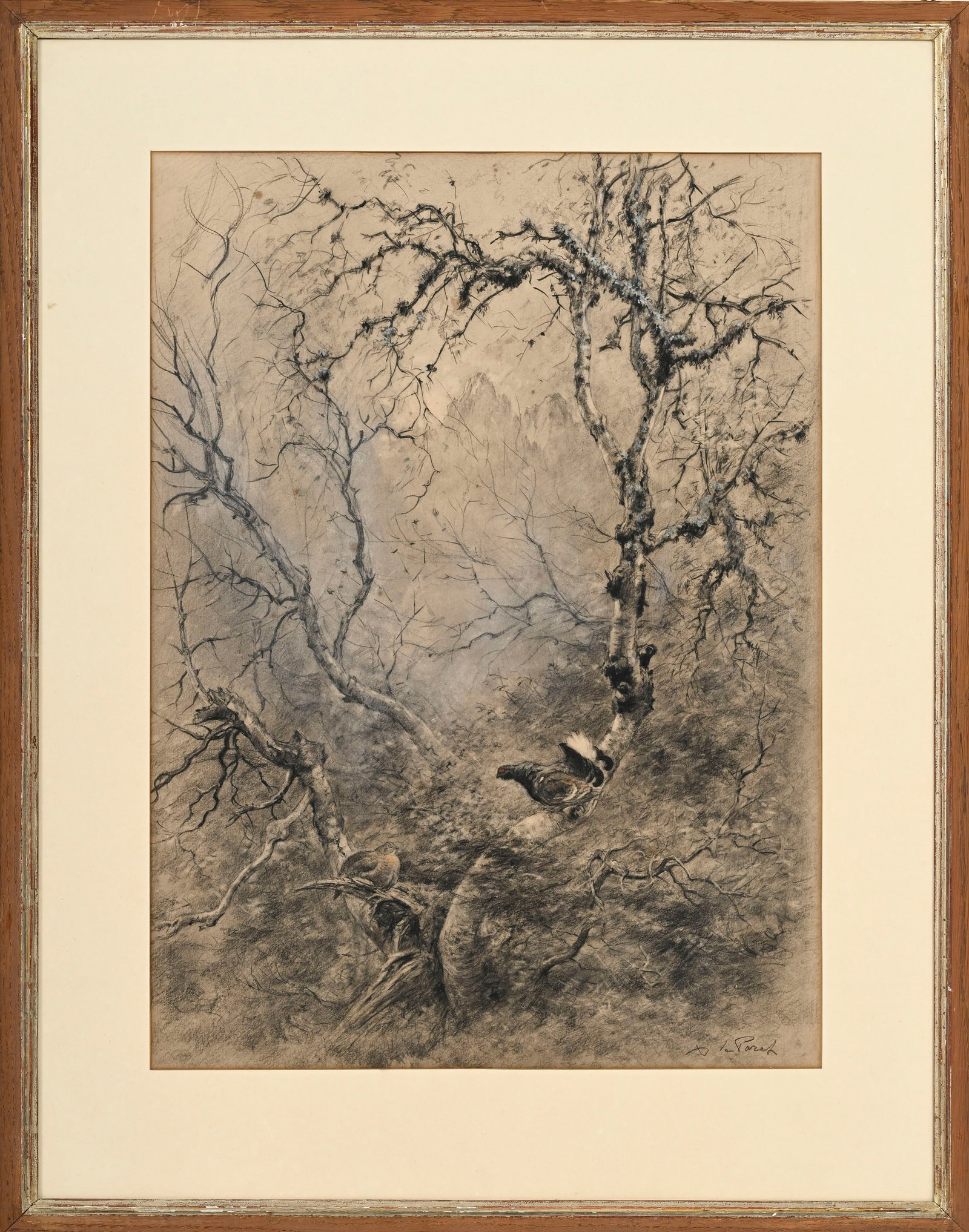 Xavier de Poret (1894-1975), Couple de tétras, pierre noire, crayon de couleur et rehauts de go - 2