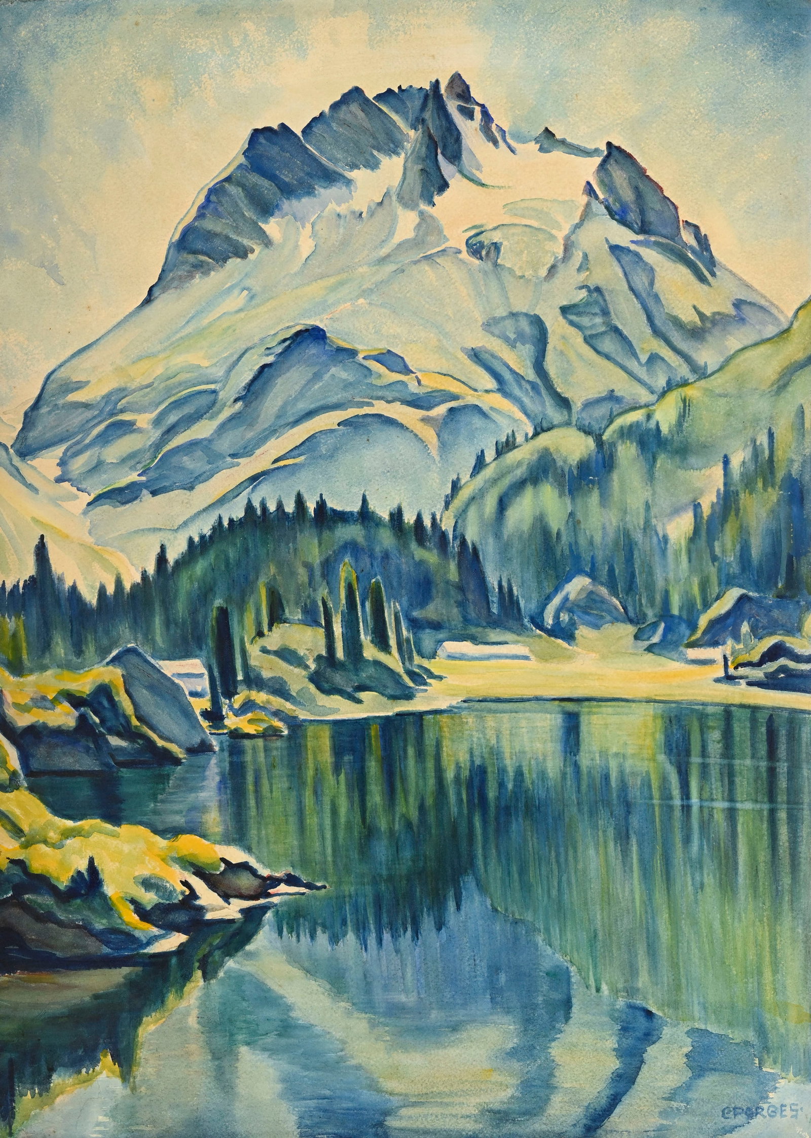 Clara Porges (1879-1963), "Lac de Cavloccio et Pizzi dei Rossi", aquarelle sur papier, signée, : Clara Porges (1879-1963), "Lac de Cavloccio et Pizzi dei Rossi", aquarelle sur papier, signée, 78x56 cm (à vue) Provenance: Acquis il y a plus de 35 ans, puis resté dans la famille