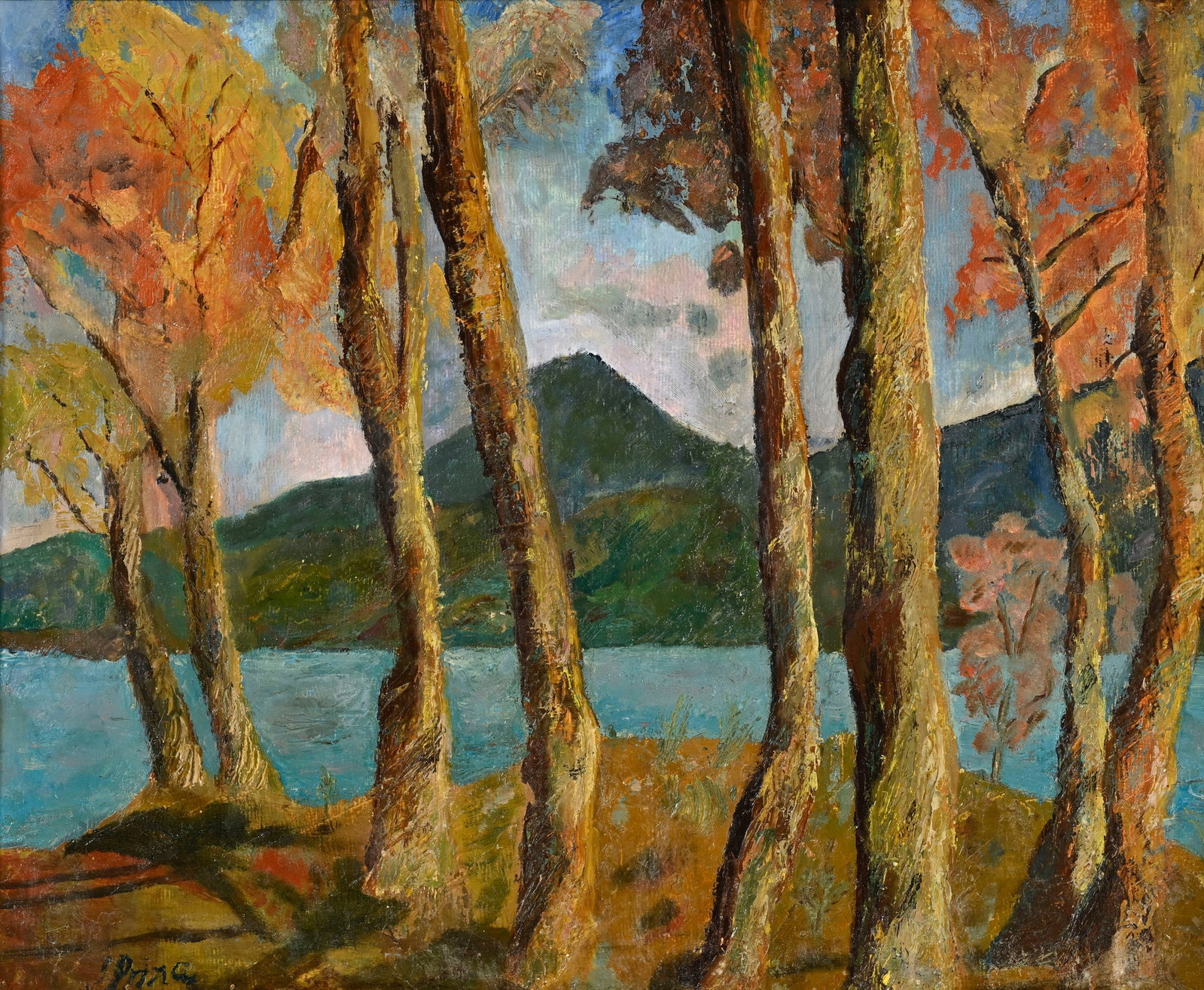 André Julien Prina (1886-1941), Paysage lacustre automnal, huile sur carton, signée, 37x45 (1 of 5)