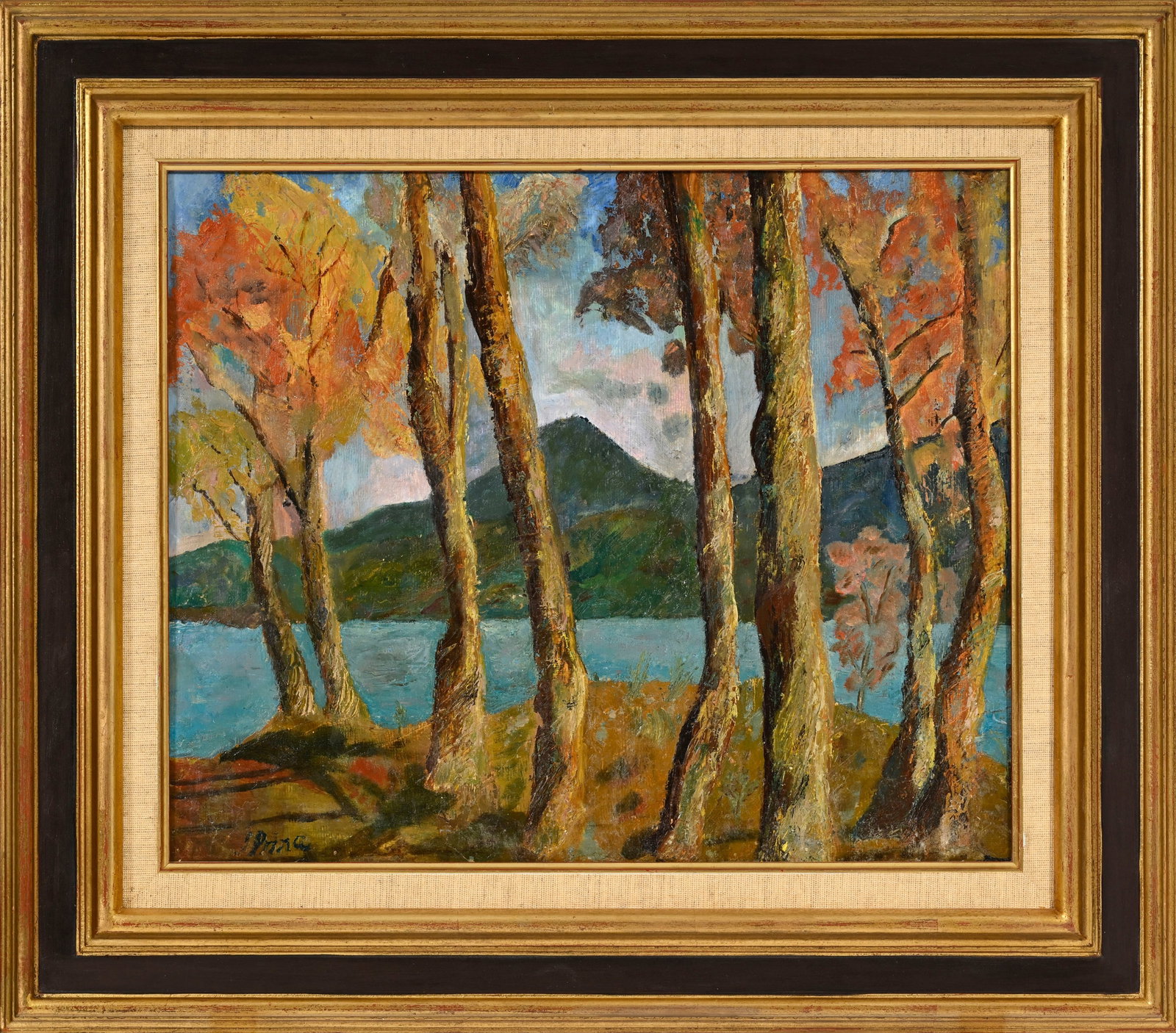 André Julien Prina (1886-1941), Paysage lacustre automnal, huile sur carton, signée, 37x45 - 2
