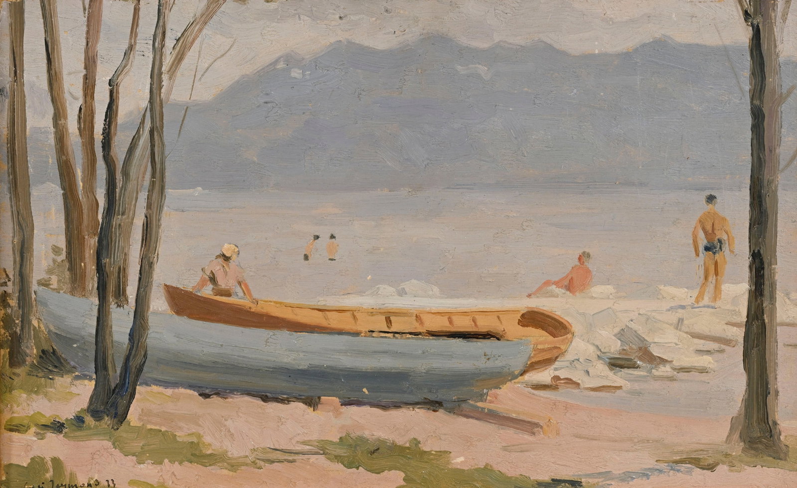 Casimir Reymond (1893-1969), Baigneurs, 1933, huile sur carton, signée et datée, 21x34,5 c: Casimir Reymond (1893-1969), Baigneurs, 1933, huile sur carton, signée et datée, 21x34,5 cm (à vue) Condition Quelques petits manques (peu visibles)