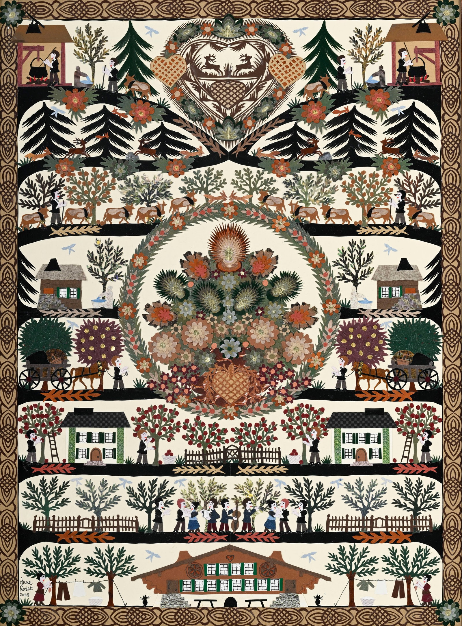 Anne Rosat (1935), Scène d'alpage, 2003, découpage, signé et daté, 45x33,5 cm (&: Anne Rosat (1935), Scène d'alpage, 2003, découpage, signé et daté, 45x33,5 cm (à vue)