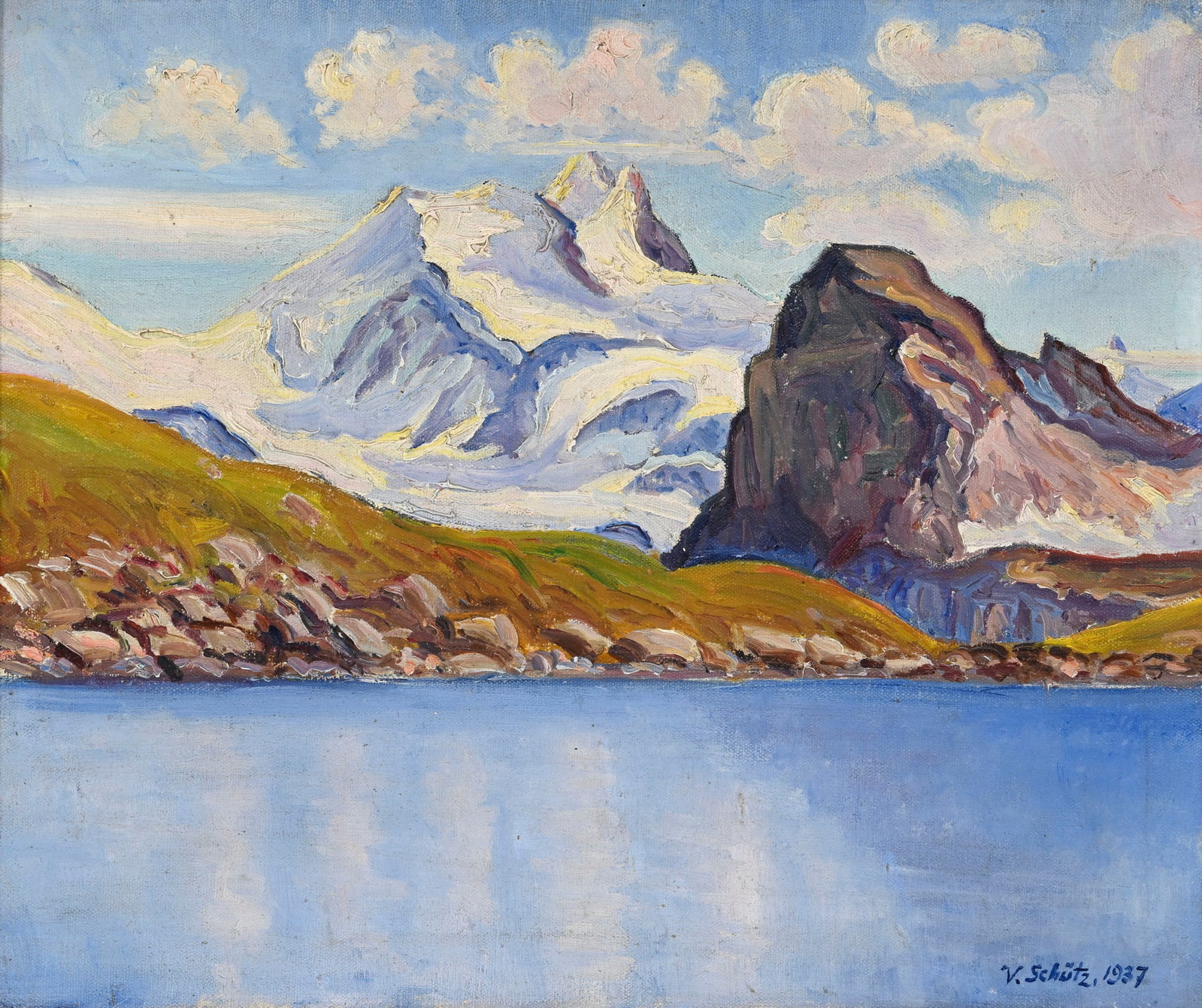Victor Schütz (1876-1959), Lac d'alpage et vue du massif de la Bernina, 1937, huile sur toile,  (1 of 5)