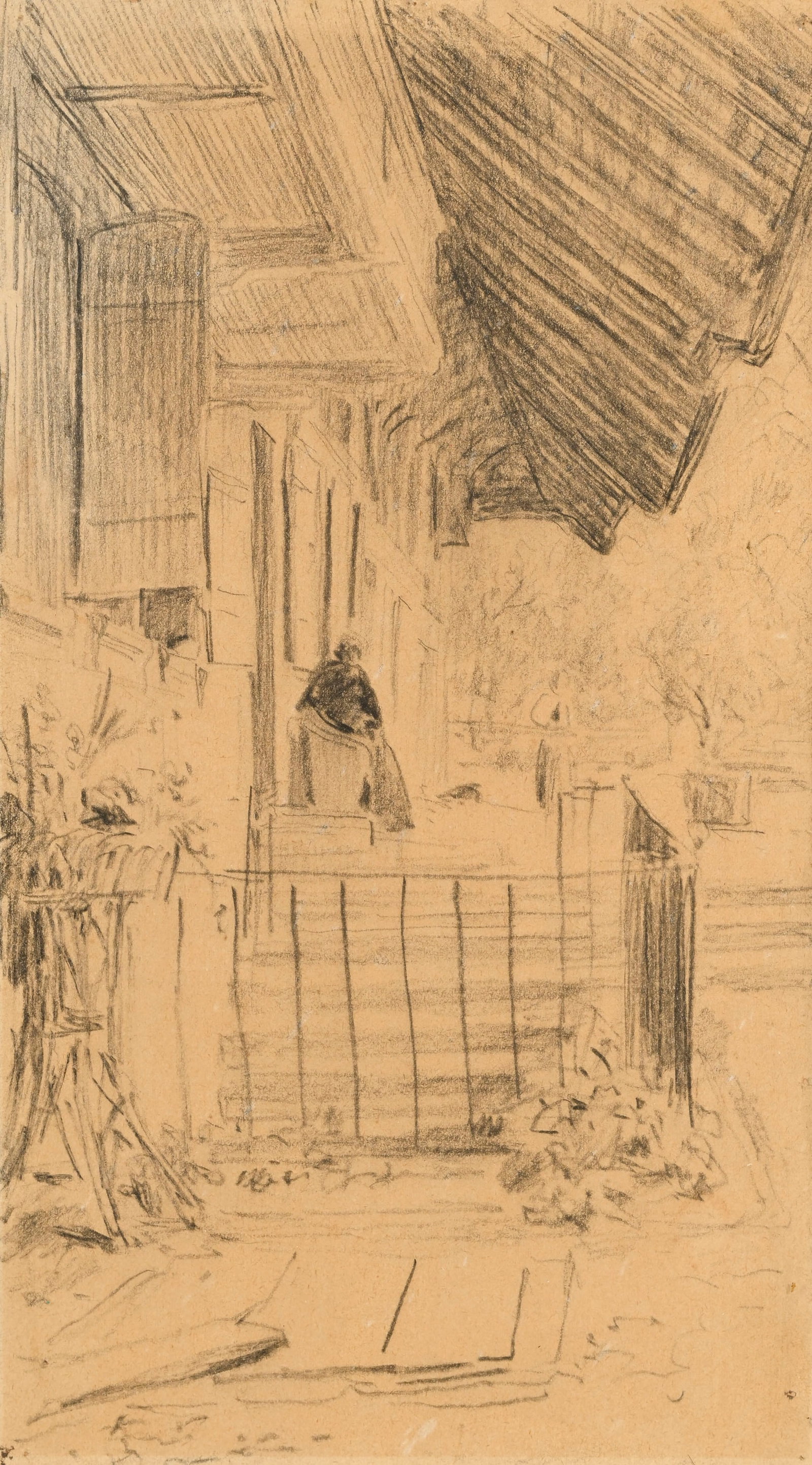 Albert Anker (1831-1910), Femme au perron, crayon gras sur papier, 21,2x12 cm (à vue): Albert Anker (1831-1910), Femme au perron, crayon gras sur papier, 21,2x12 cm (à vue)