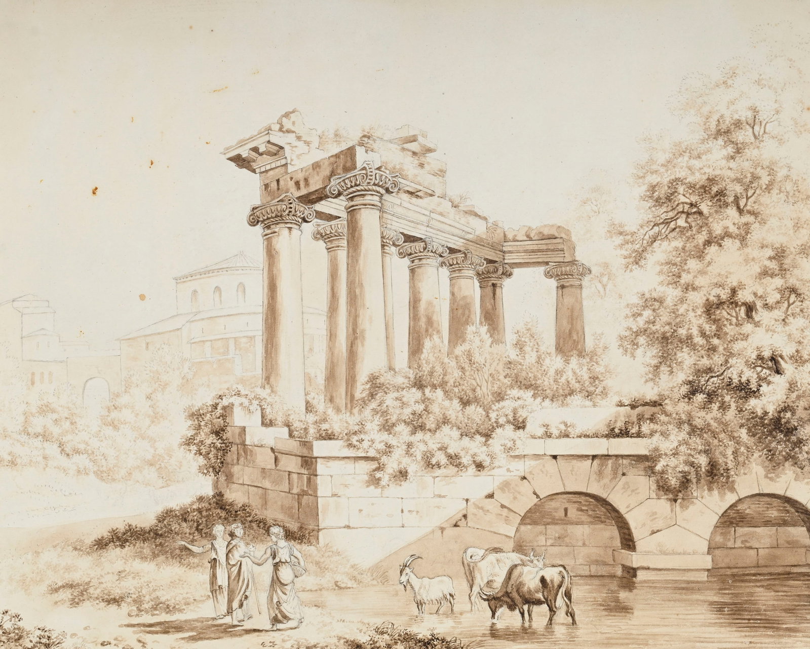 Charles Joseph Auriol (1778-1834), "Le Temple de Saturne à Rome", encre, lavis sépia et cr: Charles Joseph Auriol (1778-1834), "Le Temple de Saturne à Rome", encre, lavis sépia et crayon de graphite sur papier, 38x47,5 cm (à vue) Condition Piqûres et taches